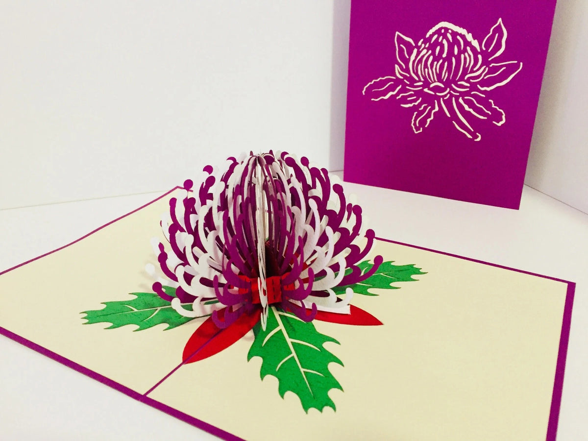 Waratah Australian Native Flower in Purple & White Origami Pop Cards 3D Pop Up Greeting Card Happy Birthday Thank You Handmade Gift Thinking of You Blank Card for Any Occasion Happy Mother's Day Happy Father's Australiana (Copy)