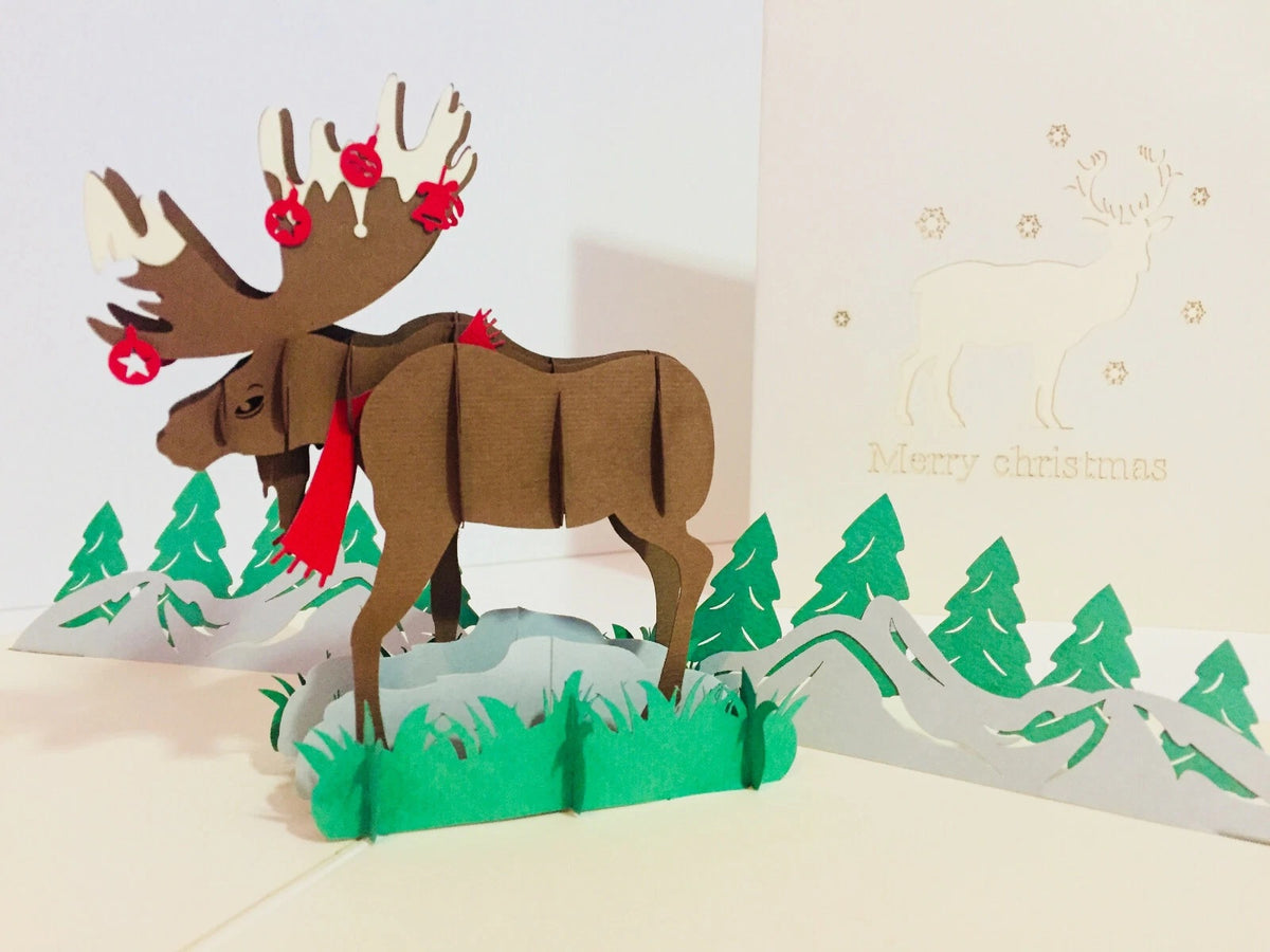 Metallic Super Stunning Christmas Moose Origami Pop Cards 3D Pop Up Greeting Card Merry Christmas Thank You Handmade Best Wishes Blank Card Gift Happy Holidays Celebrate the Special Day