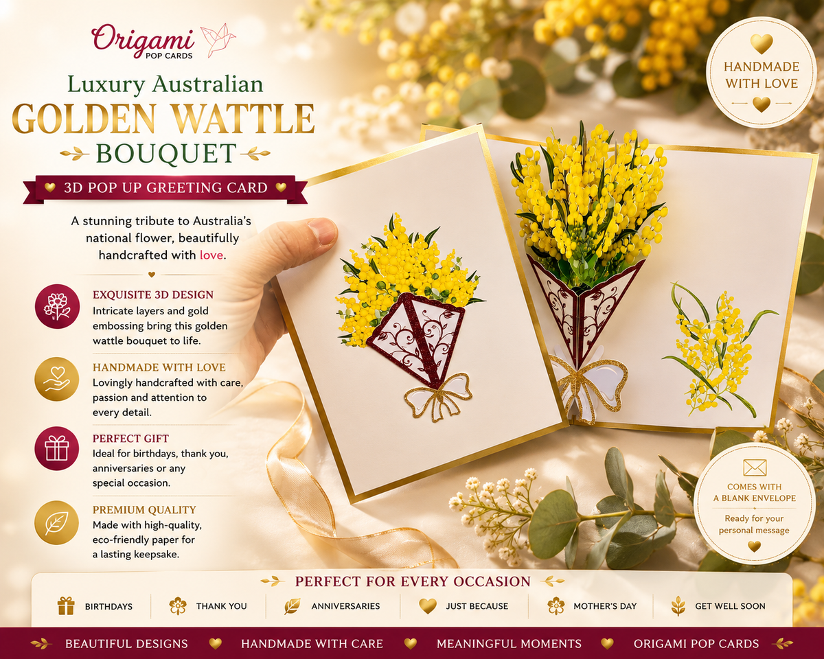 Luxury Australian Golden Wattle Bouquet Embossed in Gold Origami Pop Cards 3D Pop Up Greeting Card Happy Birthday Thank You Handmade Gift Thinking of You Blank Card for Any Occasion Happy Mother's Day Happy Father's Australiana Celebrate and Romantic