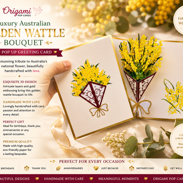 Luxury Australian Golden Wattle Bouquet Embossed in Gold Origami Pop Cards 3D Pop Up Greeting Card Happy Birthday Thank You Handmade Gift Thinking of You Blank Card for Any Occasion Happy Mother's Day Happy Father's Australiana Celebrate and Romantic