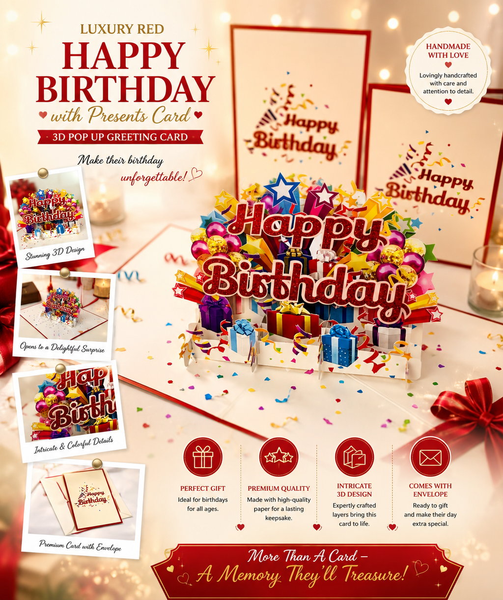 Luxury Red Happy Birthday with Presents Origami Pop Cards 3D Pop Up Greeting Card Thank You Handmade Gift Thinking of You Happy Birthday Occasion Australiana Celebrate the Beauty and Happiness During Special Day Best Wishes Gift