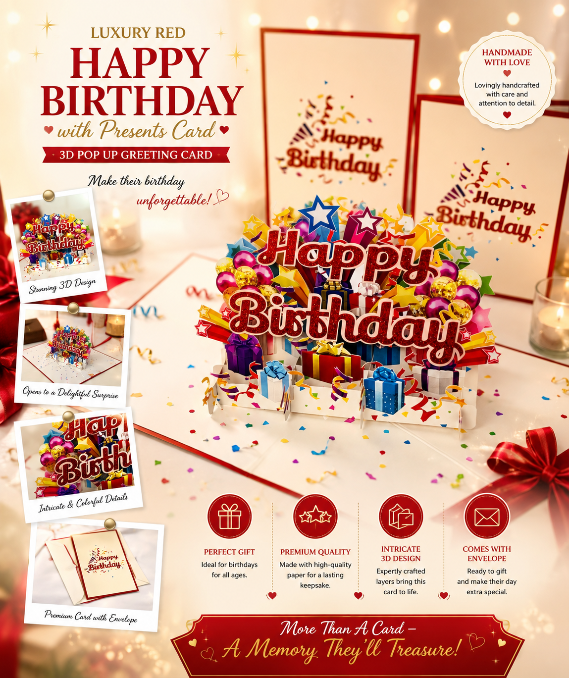 Luxury Red Happy Birthday with Presents Origami Pop Cards 3D Pop Up Greeting Card Thank You Handmade Gift Thinking of You Happy Birthday Occasion Australiana Celebrate the Beauty and Happiness During Special Day Best Wishes Gift