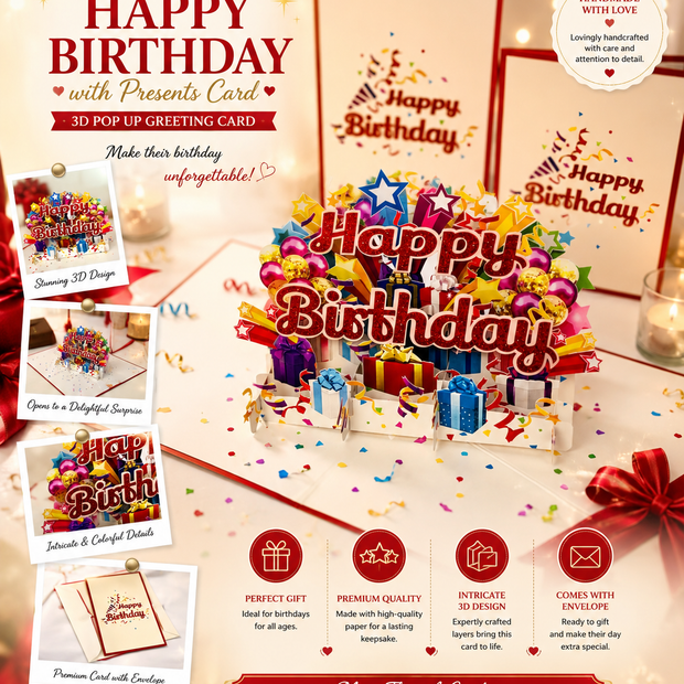 Luxury Red Happy Birthday with Presents Origami Pop Cards 3D Pop Up Greeting Card Thank You Handmade Gift Thinking of You Happy Birthday Occasion Australiana Celebrate the Beauty and Happiness During Special Day Best Wishes Gift